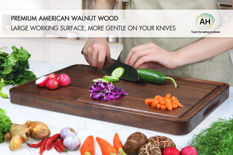 AZRHOM Walnut Wood Cutting Board, 17x11in Large Wooden Chopping Boards with Deep Juice Groove and Side Handle, Thick Butcher Block for Kitchen Meat Cheese Gift for Wife Mom (Gift Box) - Image 4